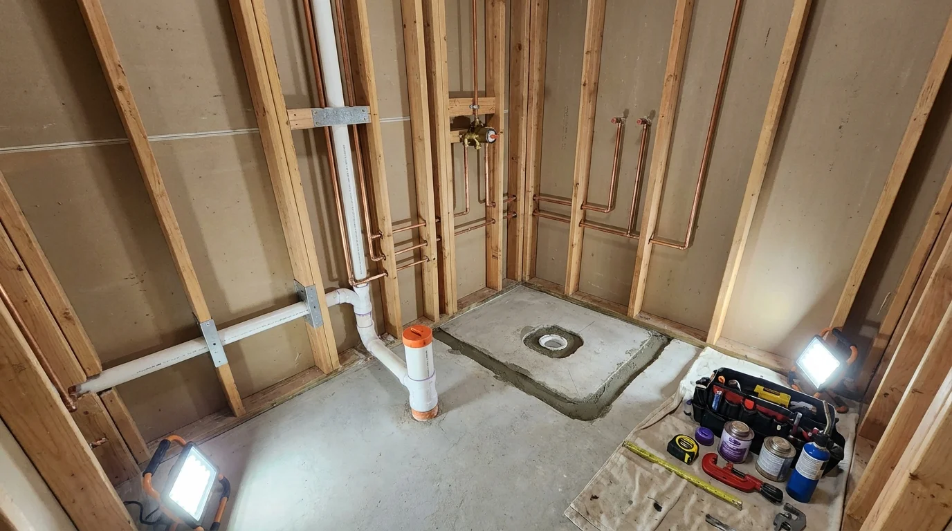 Bathroom rough-in plumbing during remodel by Johns Plumbing LLC in Everett