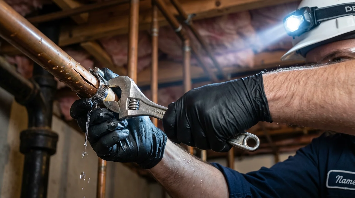 Emergency pipe clamp repair being performed by a Johns Plumbing LLC plumber in Everett